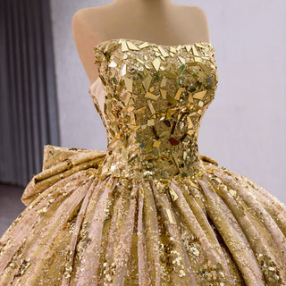 Strapless Gold Sparkly Princess Quinceañera Ball Gown with Bowknot - Rosymae