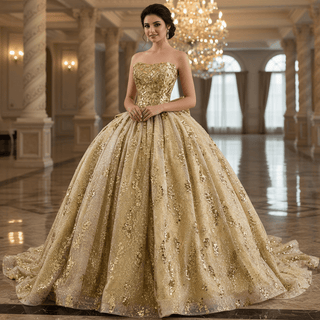 Strapless Gold Sparkly Princess Quinceañera Ball Gown with Bowknot - Rosymae