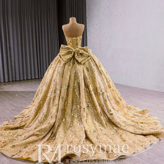 Strapless Gold Sparkly Princess Quinceañera Ball Gown with Bowknot - Rosymae