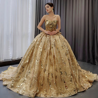Strapless Gold Sparkly Princess Quinceañera Ball Gown with Bowknot - Rosymae