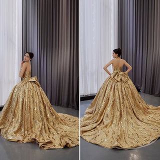 Strapless Gold Sparkly Princess Quinceañera Ball Gown with Bowknot - Rosymae