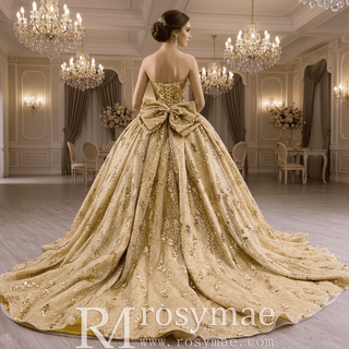 Strapless Gold Sparkly Princess Quinceañera Ball Gown with Bowknot - Rosymae