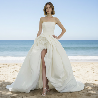 Strapless Hi-Lo Taffeta Bridal Wedding Dresses with Long Train