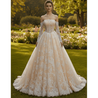 Strapless Lace Ball Gown Wedding Dress Bridal Gown with Eyelash Lace Trim