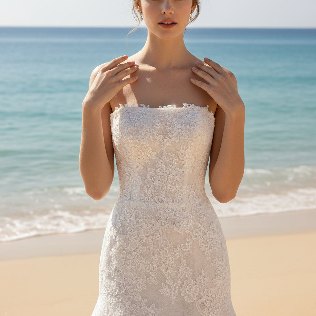 Strapless A-line Lace Beach Wedding Dress with Straight Neckline Rosymae Strapless A-line Lace Beach Wedding Dress with Straight Neckline Rosymae