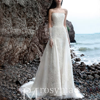 Strapless A-line Lace Beach Wedding Dress with Straight Neckline