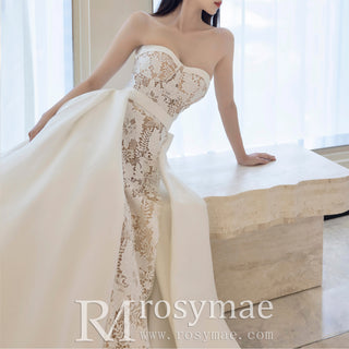 Lace Strapless Mermaid Wedding Dress with Detachable Train
