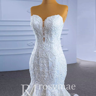 Strapless Lace Mermaid Wedding Dress Sweetheart Beaded Bridal Gown - Rosymae