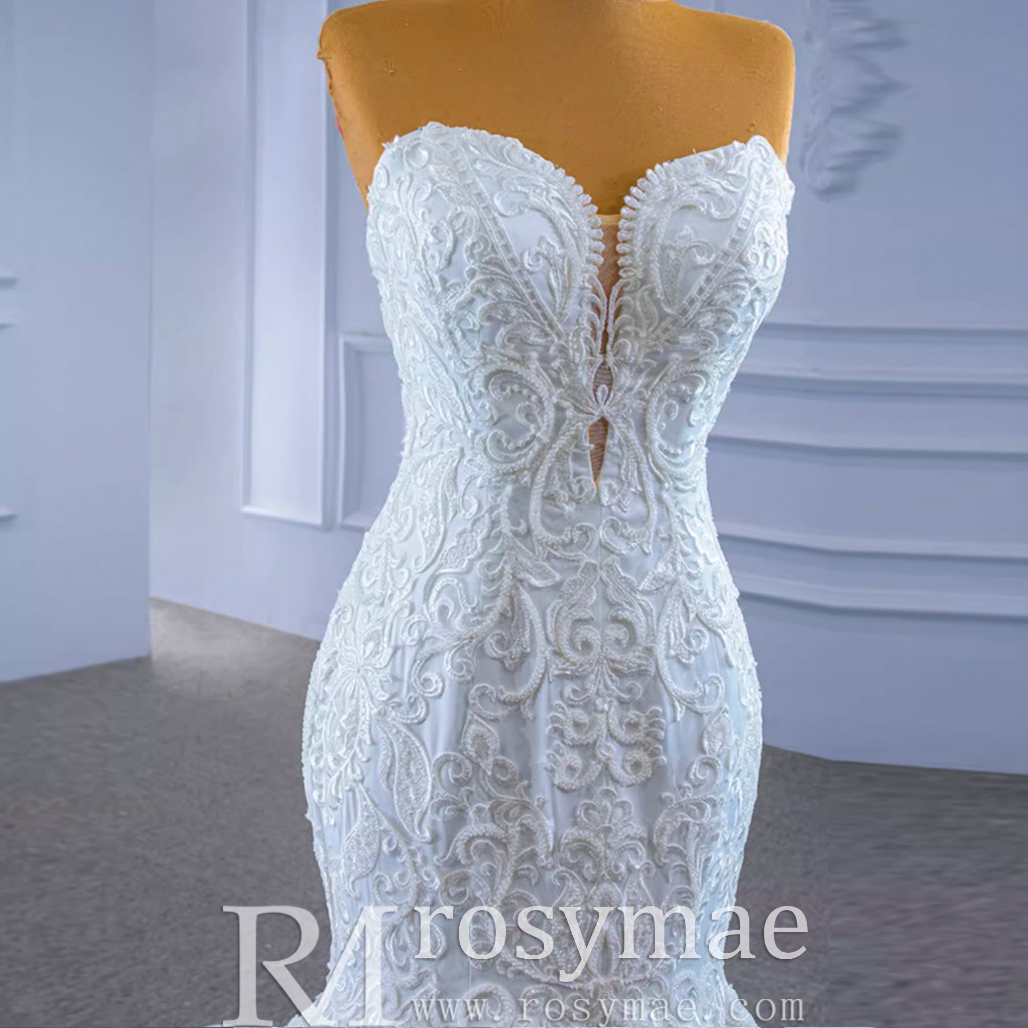 Strapless Lace Mermaid Wedding Dress Sweetheart Beaded Bridal Gown - Rosymae
