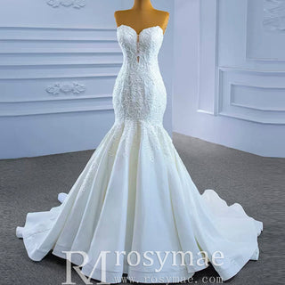 Strapless Lace Mermaid Wedding Dress Sweetheart Beaded Bridal Gown - Rosymae