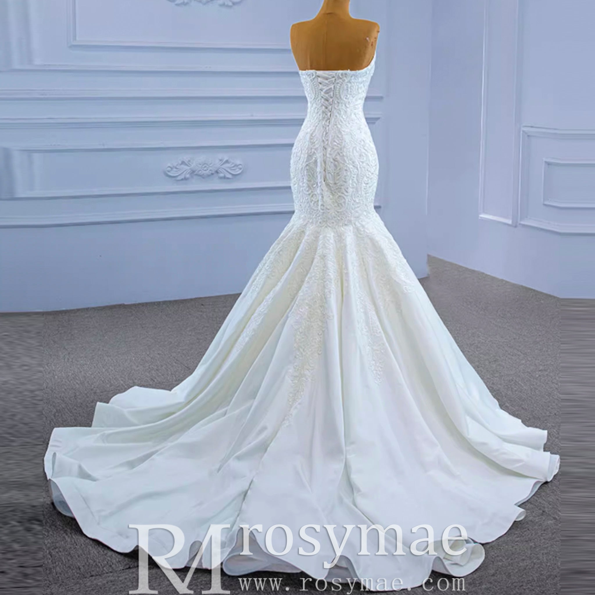 Strapless Lace Mermaid Wedding Dress Sweetheart Beaded Bridal Gown - Rosymae
