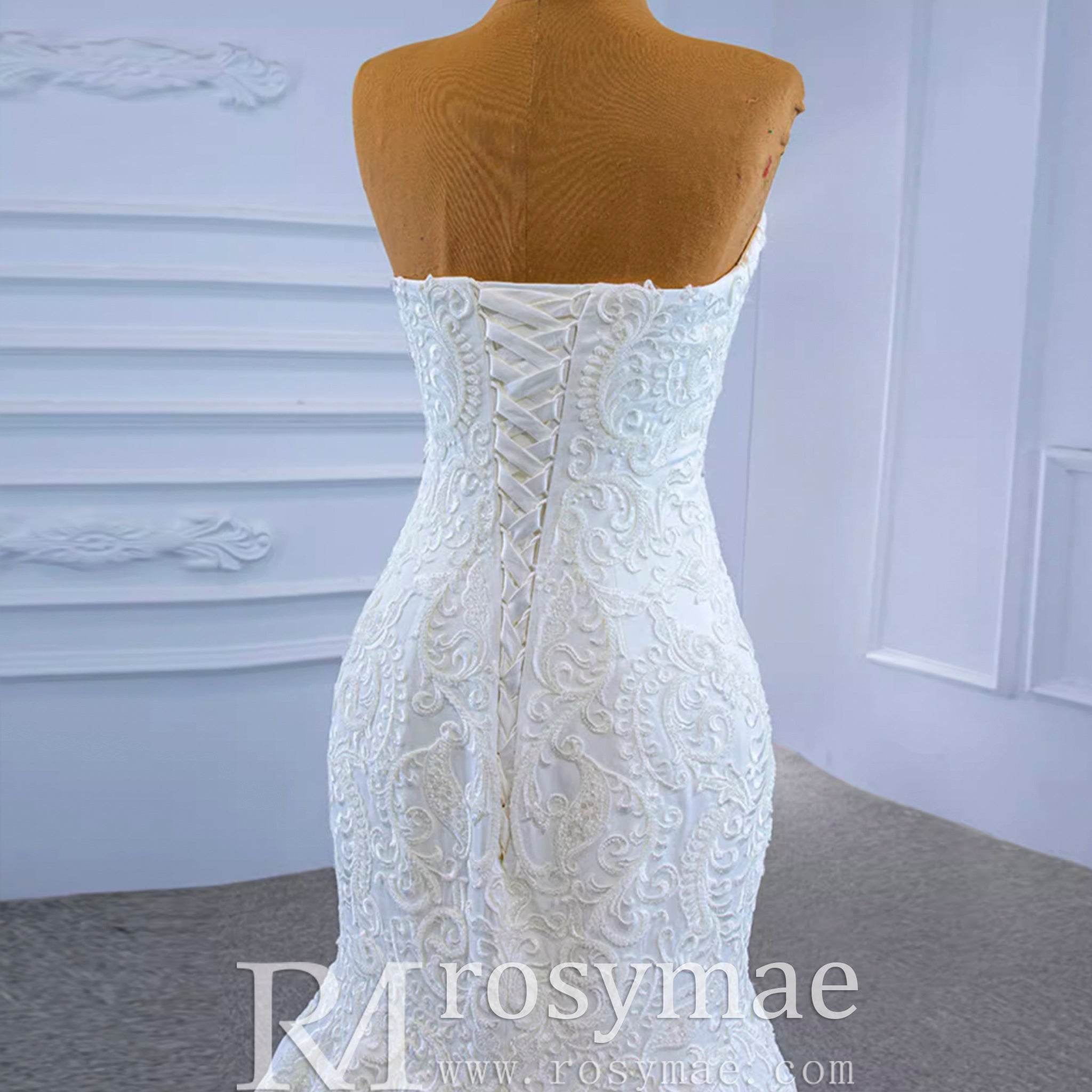 Strapless Lace Mermaid Wedding Dress Sweetheart Beaded Bridal Gown - Rosymae