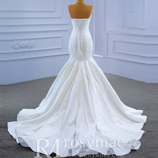 Strapless Lace Mermaid Wedding Dress Sweetheart Beaded Bridal Gown - Rosymae