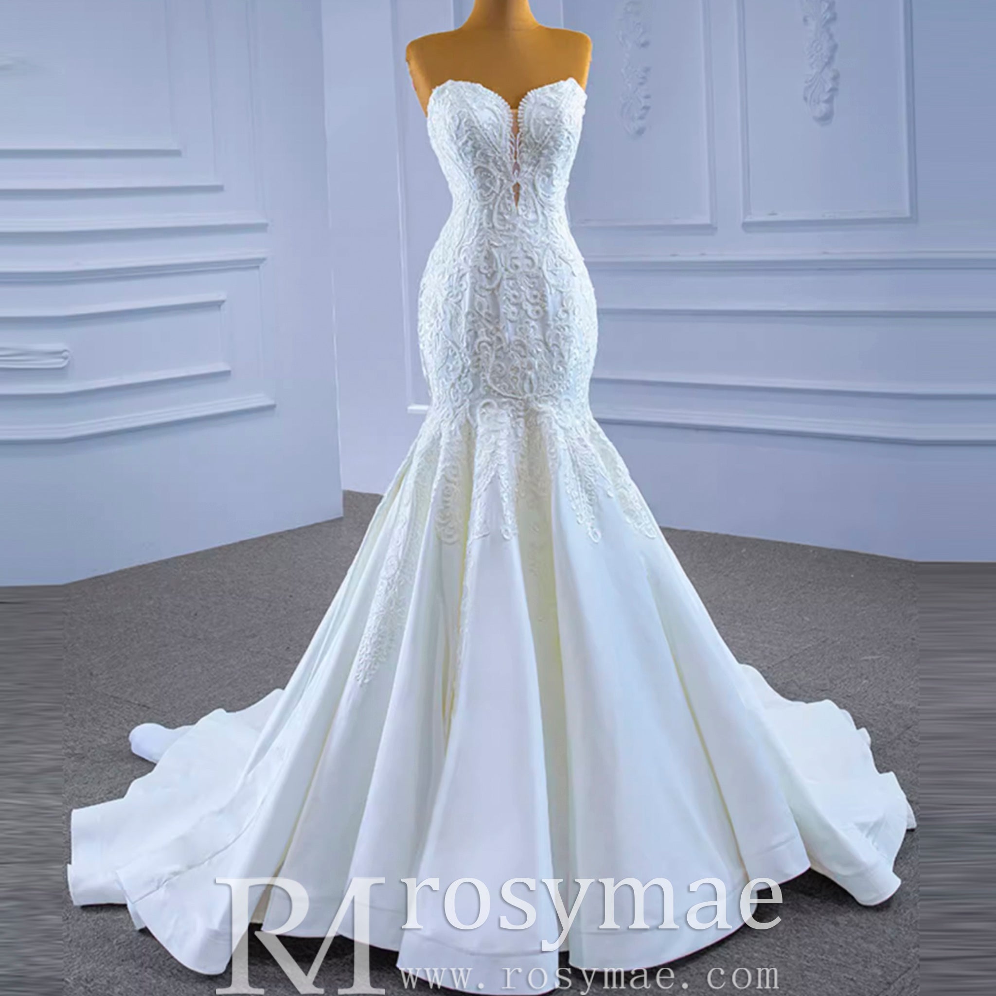 Strapless Lace Mermaid Wedding Dress Sweetheart Beaded Bridal Gown - Rosymae