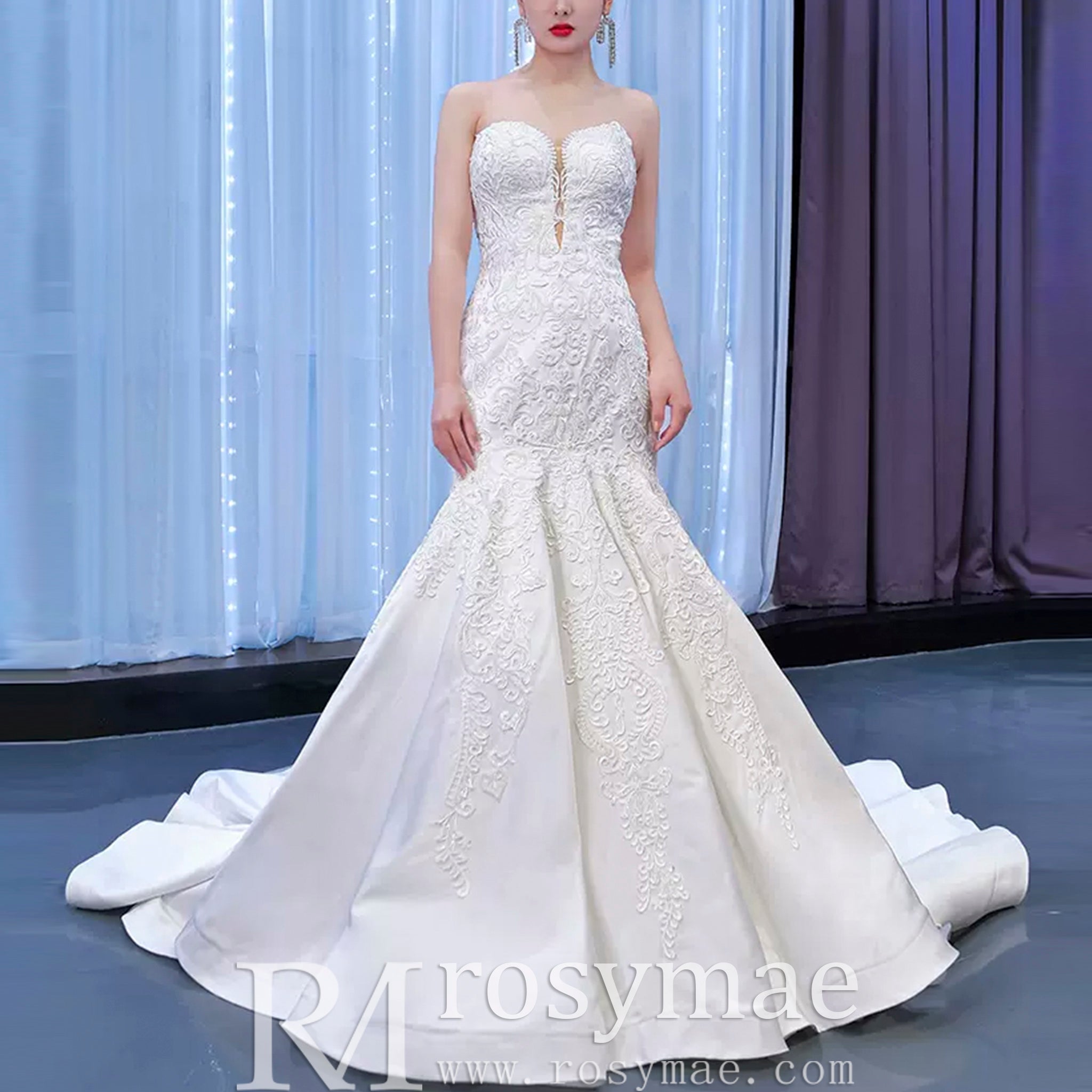 Strapless Lace Mermaid Wedding Dress Sweetheart Beaded Bridal Gown - Rosymae