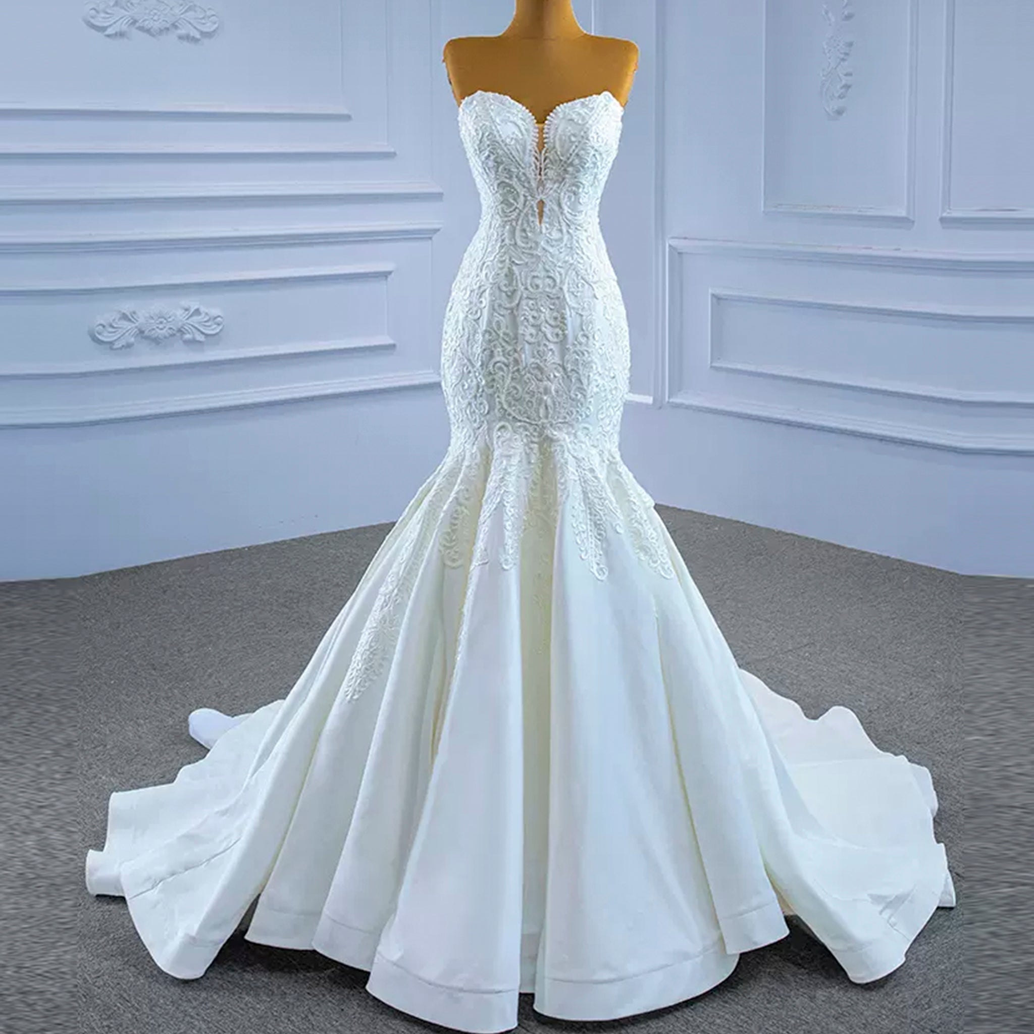Strapless Lace Mermaid Wedding Dress Sweetheart Beaded Bridal Gown - Rosymae