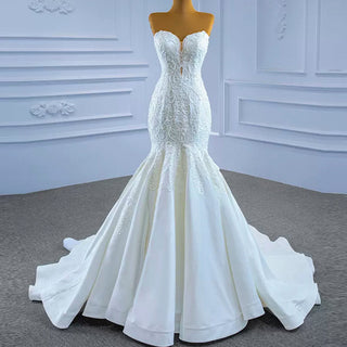 Strapless Lace Mermaid Wedding Dress Sweetheart Beaded Bridal Gown - Rosymae