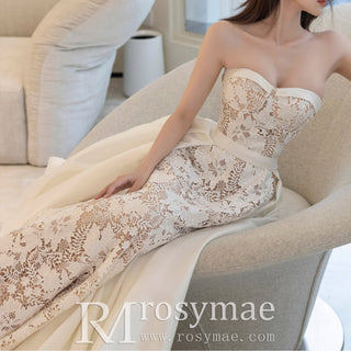 Lace Strapless Mermaid Wedding Dress with Detachable Train