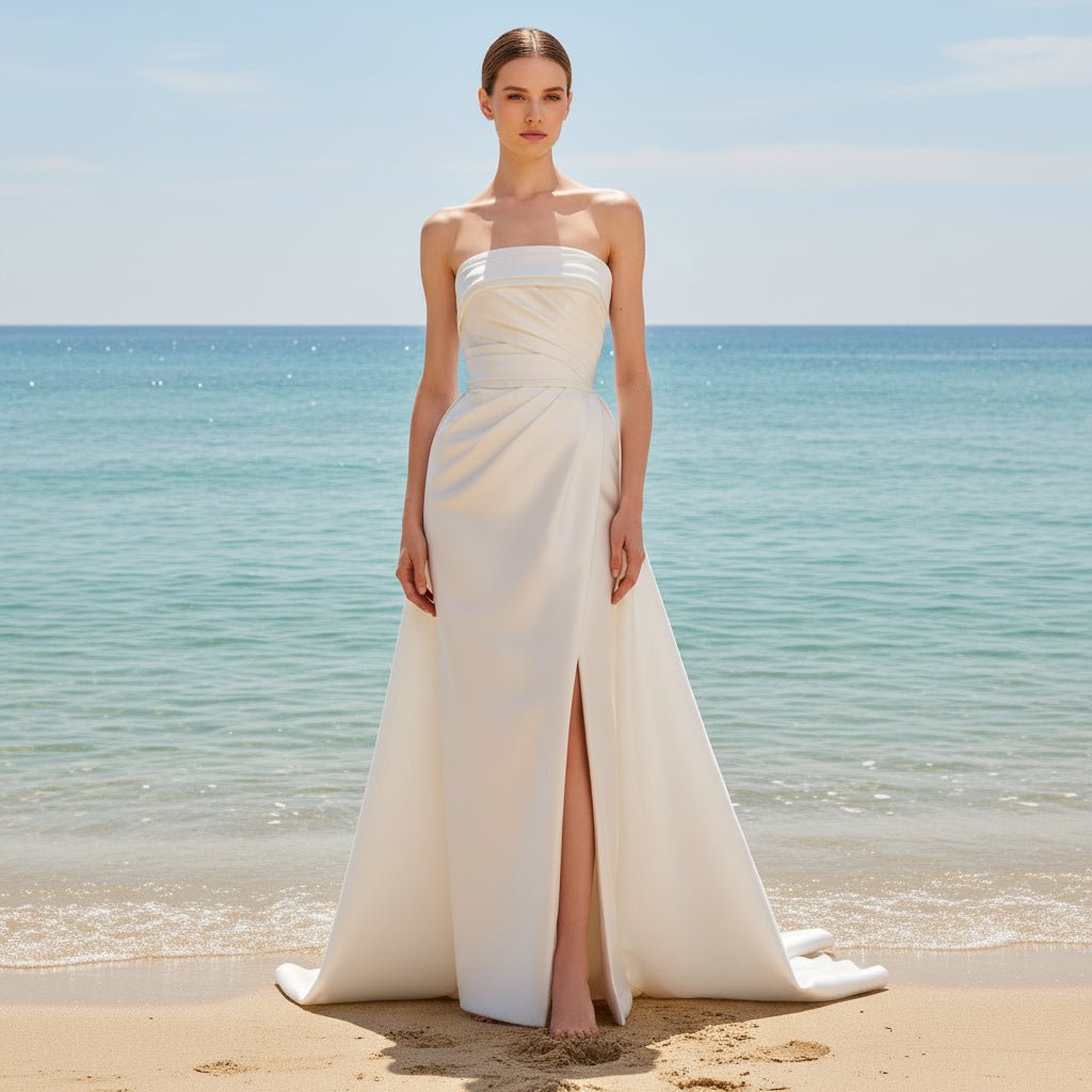 Strapless Leg Slit Satin Wedding Dress with Straight Neck - Rosymae