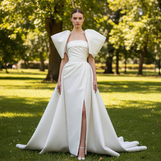 Strapless Leg Slit Satin Wedding Dress with Straight Neck - Rosymae