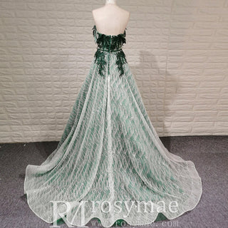 Strapless Long Dark Green Sparkly Formal Prom Dress with Lace Appliqued - Rosymae
