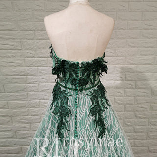 Strapless Long Dark Green Sparkly Formal Prom Dress with Lace Appliqued - Rosymae