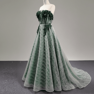 Strapless Long Dark Green Sparkly Formal Prom Dress with Lace Appliqued - Rosymae