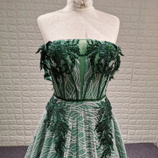 Strapless Long Dark Green Sparkly Formal Prom Dress with Lace Appliqued - Rosymae