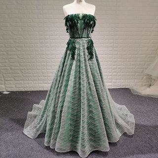Strapless Long Dark Green Sparkly Formal Prom Dress with Lace Appliqued - Rosymae