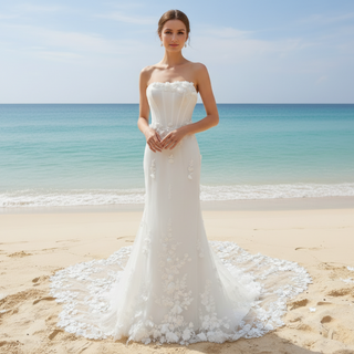 Strapless Mermaid Wedding Dress with Leaf-Shape Lace Train