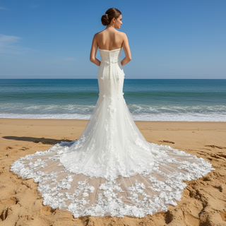 Strapless Mermaid Wedding Dress with Leaf-Shape Lace Train