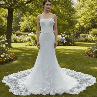 Strapless Mermaid Wedding Dress with Leaf-Shape Lace Train - Rosymae