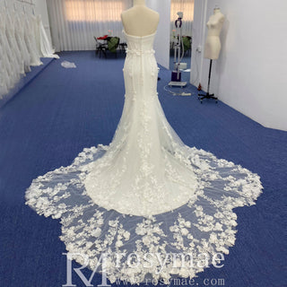 Strapless Mermaid Wedding Dress with Leaf-Shape Lace Train - Rosymae