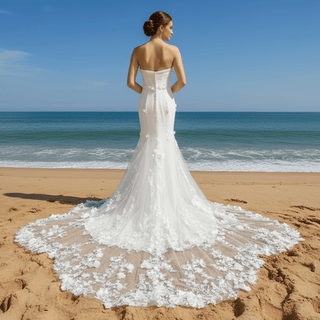 Strapless Mermaid Wedding Dress with Leaf-Shape Lace Train - Rosymae