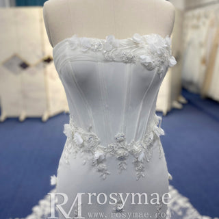 Strapless Mermaid Wedding Dress with Leaf-Shape Lace Train - Rosymae