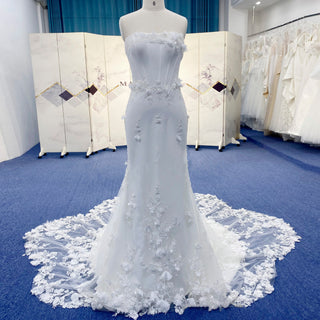 Strapless Mermaid Wedding Dress with Leaf-Shape Lace Train - Rosymae