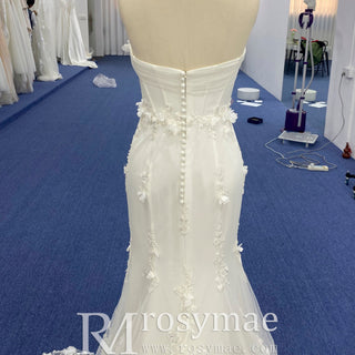 Strapless Mermaid Wedding Dress with Leaf-Shape Lace Train - Rosymae