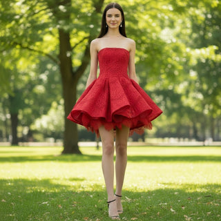 Strapless Mini Red Lace Cocktail Dress with Straight Neckline - Rosymae