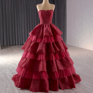 Strapless Multi Tiered & Ruffled Prom Dresses with Floral Lace - Rosymae