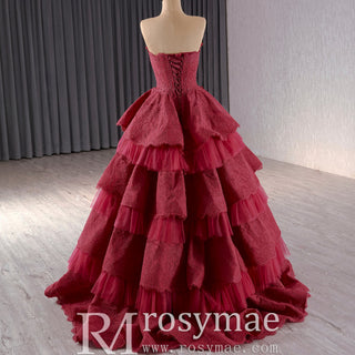 Strapless Multi Tiered & Ruffled Prom Dresses with Floral Lace - Rosymae