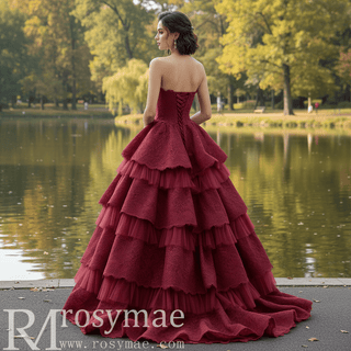 Strapless Multi Tiered & Ruffled Prom Dresses with Floral Lace - Rosymae