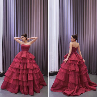 Strapless Multi Tiered & Ruffled Prom Dresses with Floral Lace - Rosymae