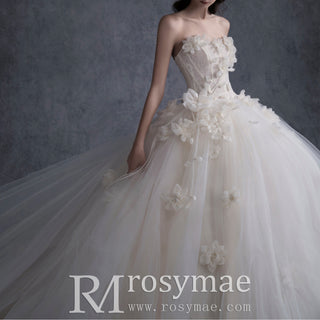 Strapless Ball Gown Wedding Dresses with 3D Flowers Bridal Gowns