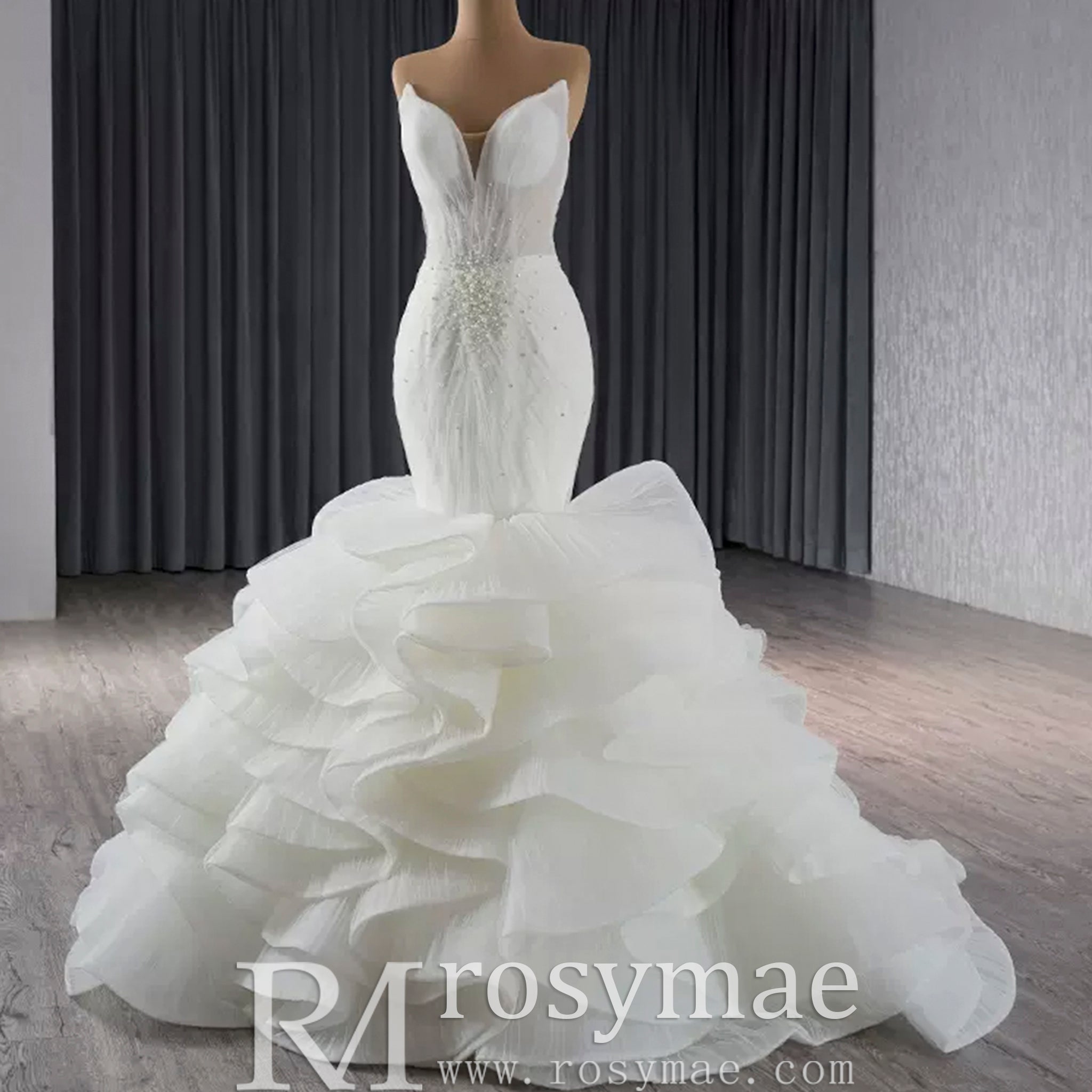 Strapless Organza Trumpet Ruffle Wedding Dress with Vneck - Rosymae