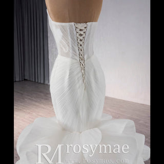 Strapless Organza Trumpet Ruffle Wedding Dress with Vneck - Rosymae