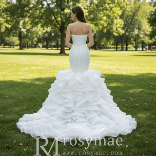 Strapless Organza Trumpet Ruffle Wedding Dress with Vneck - Rosymae