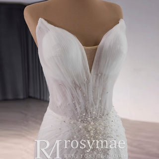 Strapless Organza Trumpet Ruffle Wedding Dress with Vneck - Rosymae