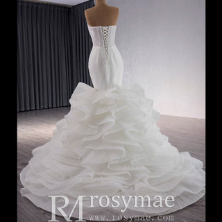 Strapless Organza Trumpet Ruffle Wedding Dress with Vneck - Rosymae