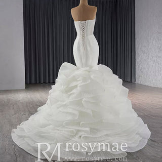 Strapless Organza Trumpet Ruffle Wedding Dress with Vneck - Rosymae