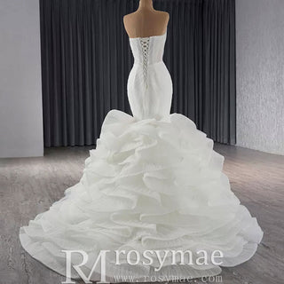 Strapless Organza Trumpet Ruffle Wedding Dress with Vneck - Rosymae